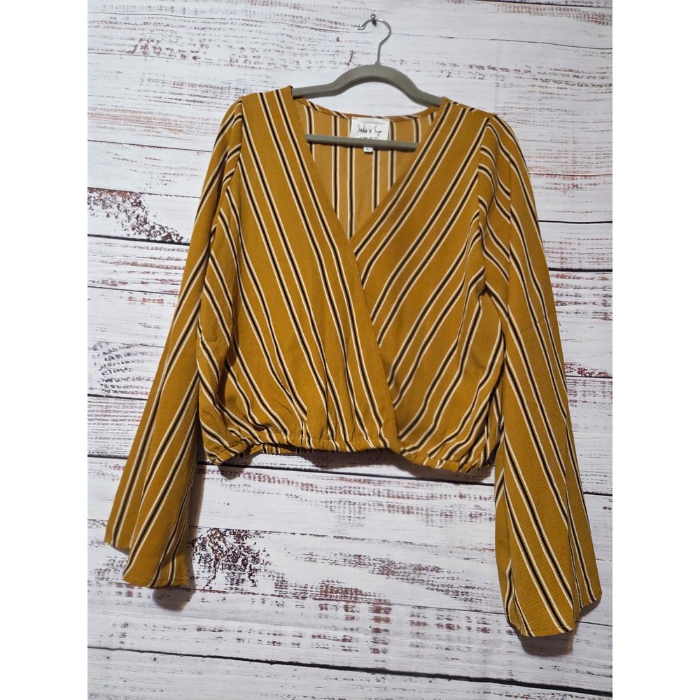 Sadie & Sage Mustard Yellow Striped Surplice Bell Sleeve Crop Top Large